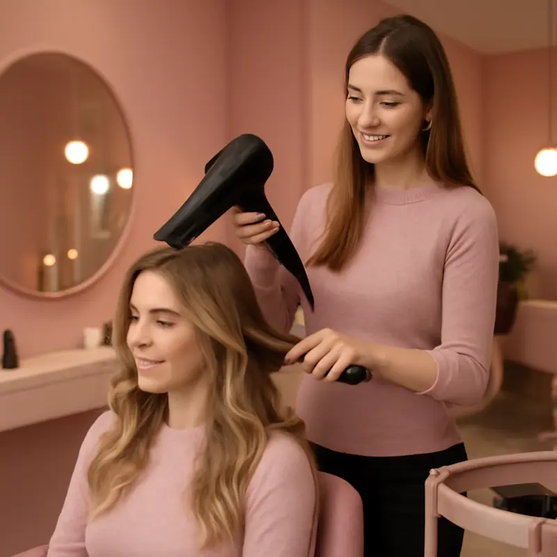 White client receiving professional hair styling in a bright pink themed salon